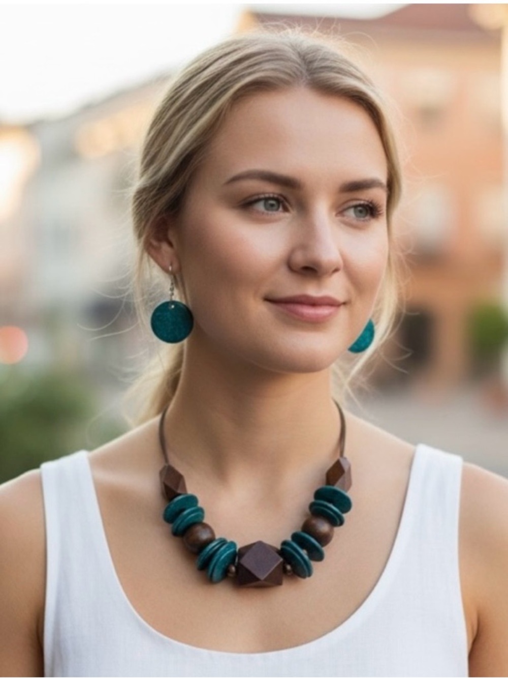 NIP Handcrafted Teal and Brown Statement Necklace & Earrings Set